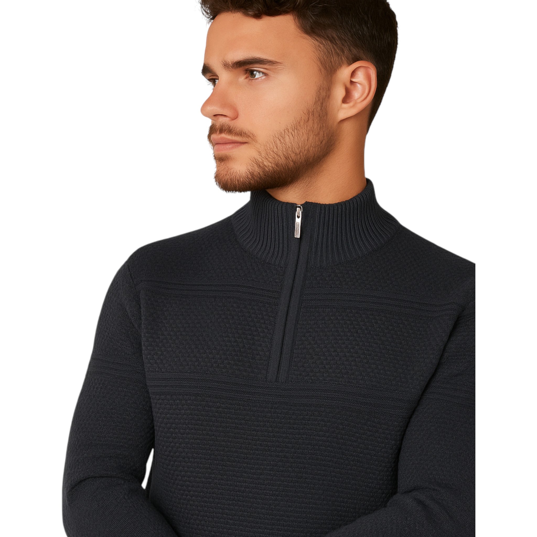 Firetrap men’s ¼ zip jumper in charcoal grey – textured knit funnel neck sweater